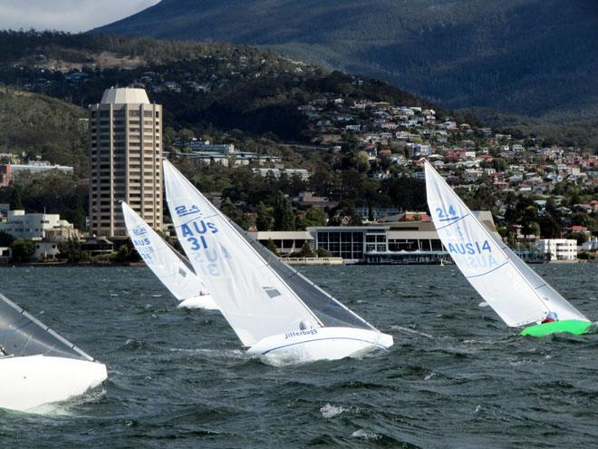 The fleet beating to windward off Hobart’s Wrest Point Casino in Sandy Bay - 2013 2.4mR National Championship © Peter Campbell